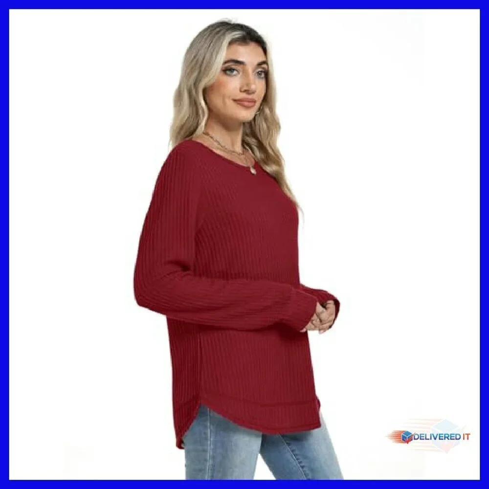 Waffle Knit Tunic Top Long Sleeve Crewneck Curved Hem Loose Fit